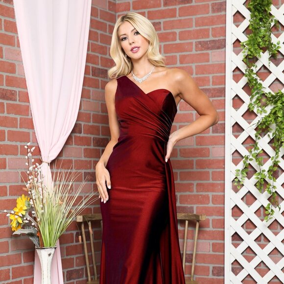 NEW BURGUNDY LONG ONE SHOULDER FOR SPECIAL OCCASION GOWN WITH ZIPPER BACK AC387